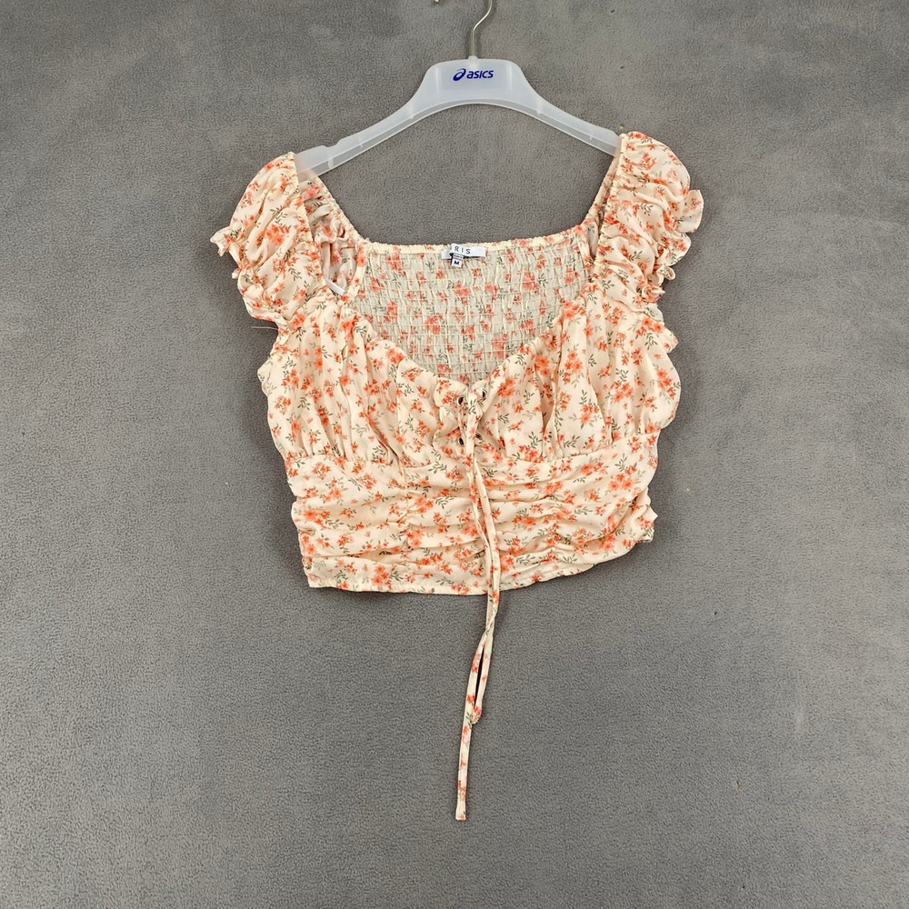 Iris Floral Print Ruched Crop Top Orange Cream Smocked Back IT91941-DC043 Size M
